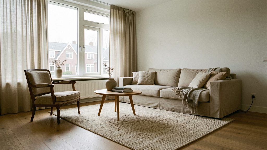 Natuurlijk ingerichte moderne woonkamer met grote ramen, zachte stoffen en een warm vloerkleed