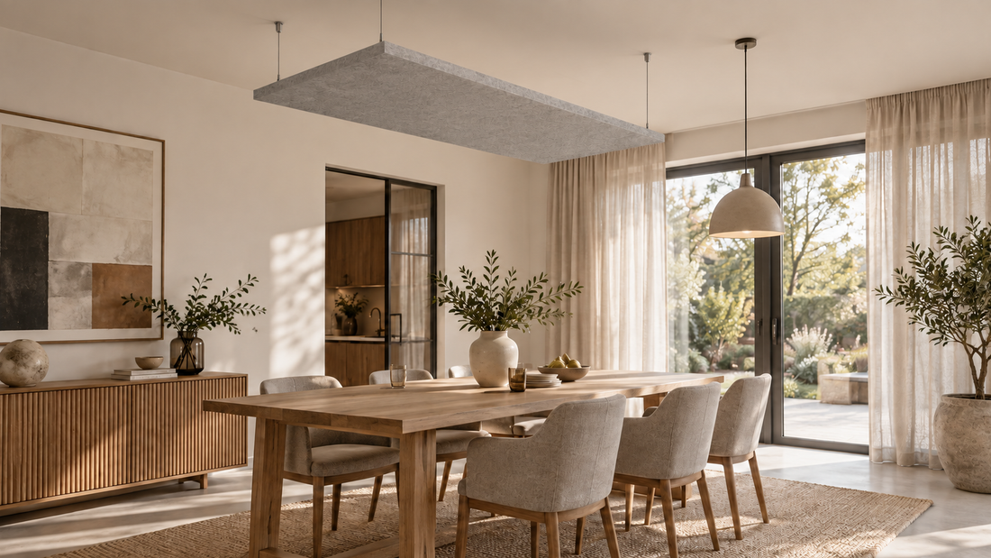 Warme moderne eetkamer met een rechthoekig akoestisch plafondeiland en aparte hangverlichting boven de tafel